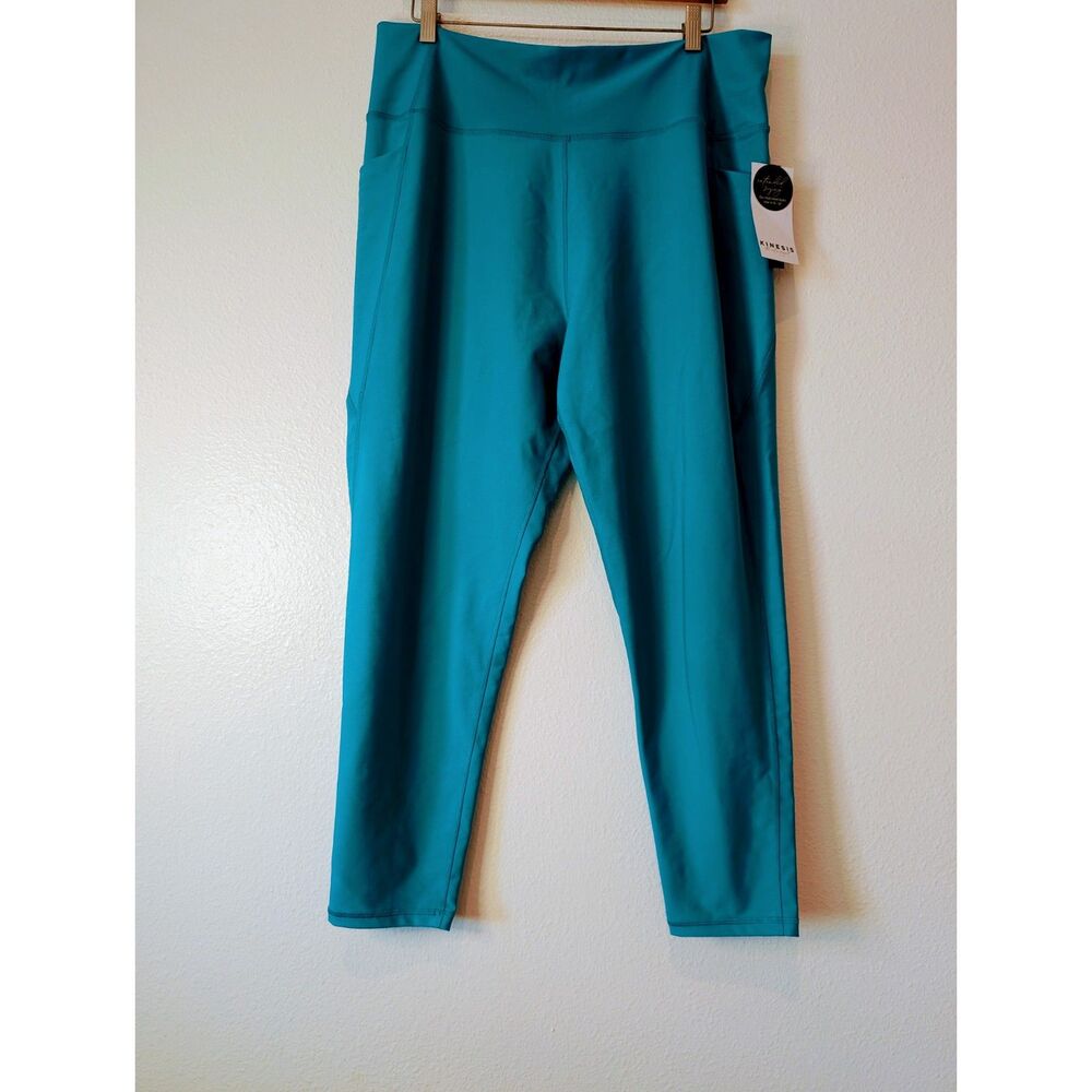 Kinesis Activewear Leggings Teal Blue High Rise Ankle Pocket Sz 2X - Picture 2 of 10